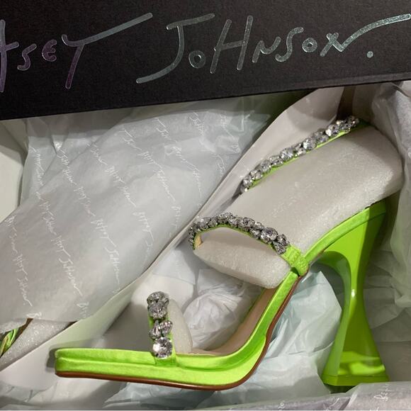 Betsey Johnson Perry Citron Neon Green Rhinestone Strappy Heels Size 8 and 8.5 - Picture 8 of 12